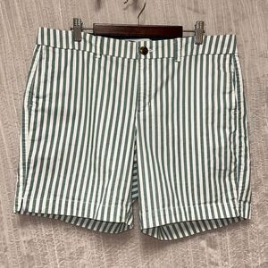 ON 12 Teal White Vertical Stripes 6.5” Mid Rise Everyday Cotton Shorts